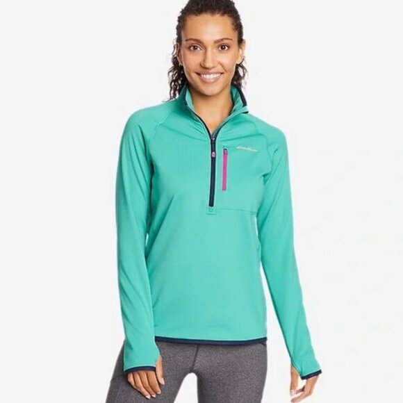 Eddie Bauer Freeheat High Rout Grid Fleece Top 1/4 Zip Thumb Holes Small Teal - Picture 1 of 6